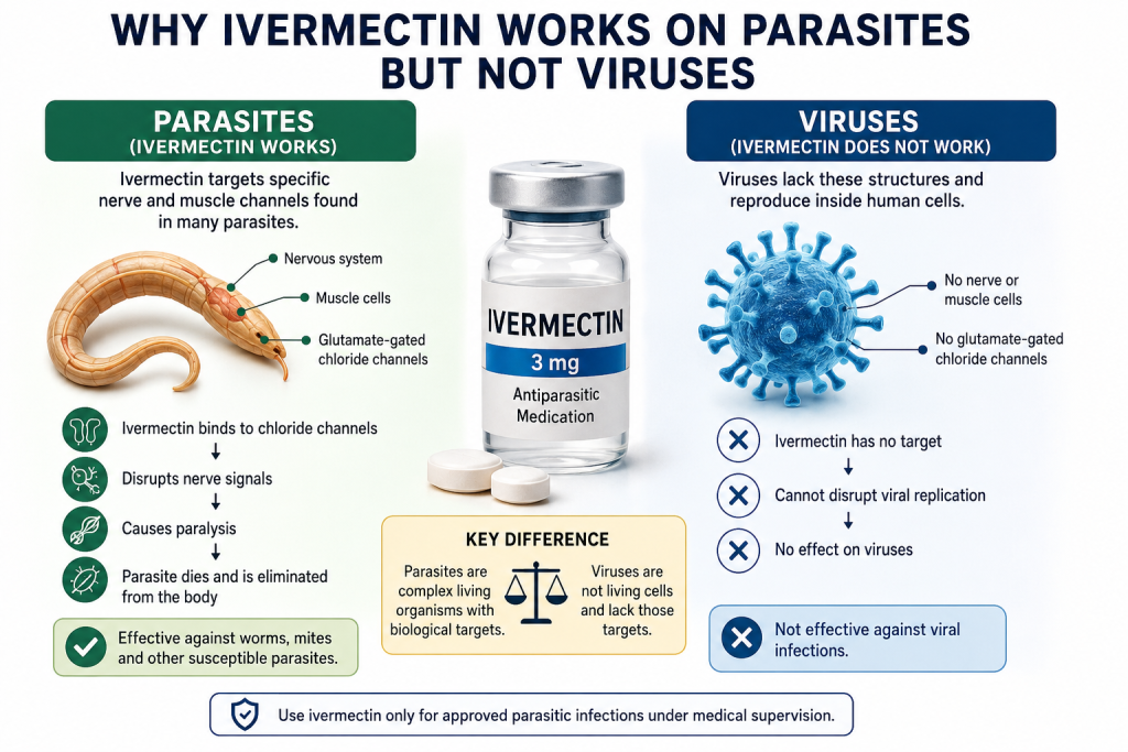 Ivermectin mechanism of action against parasites compared with viruses